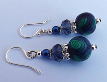 Load image into Gallery viewer, Teal & Dark Blue Korus Kathryn Design bead earrings on Sterling Silver Hooks