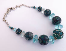 Load image into Gallery viewer, Teal & Dark Blue Mix Chunky Kathryn Design Bead Necklace w/ Chain