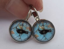 Load image into Gallery viewer, Tui with Kowhai Flowers, Blue Sky - Dome Earrings on Lever Back Hooks (The NZ Collection)