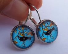 Load image into Gallery viewer, Tui with Kowhai Flowers, Blue Sky - Dome Earrings on Lever Back Hooks (The NZ Collection)