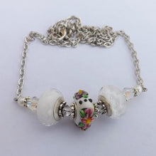 Load image into Gallery viewer, White & Pink Floral Handmade Art Glass Bead Necklace