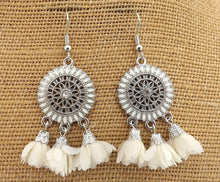 Load image into Gallery viewer, Silver Tone Chandelier Earrings with Flower Posy Tassel Drops (multiple colour options)