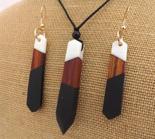 Load image into Gallery viewer, Wood, Black & White Acrylic Pendant Necklace & Earrings Set