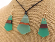 Load image into Gallery viewer, Wood & Teal Resin Pendant Necklace & Earrings Set