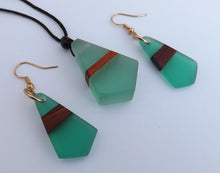 Load image into Gallery viewer, Wood & Teal Resin Pendant Necklace & Earrings Set