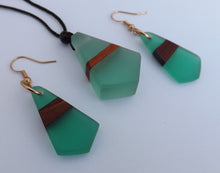 Load image into Gallery viewer, Wood & Teal Resin Pendant Necklace & Earrings Set