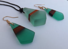 Load image into Gallery viewer, Wood & Teal Resin Pendant Necklace & Earrings Set