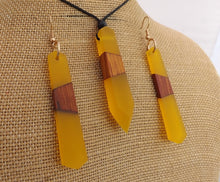 Load image into Gallery viewer, Wood & Yellow Resin Pendant Necklace & Earrings Set