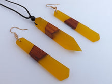 Load image into Gallery viewer, Wood & Yellow Resin Pendant Necklace & Earrings Set