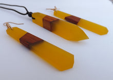 Load image into Gallery viewer, Wood & Yellow Resin Pendant Necklace & Earrings Set
