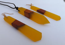 Load image into Gallery viewer, Wood & Yellow Resin Pendant Necklace & Earrings Set