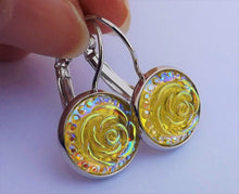 Load image into Gallery viewer, Yellow 3D AB Lustre Flower Earrings on Lever Back Hooks