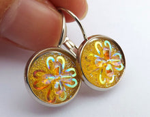 Load image into Gallery viewer, Yellow 3D AB Lustre Flower Earrings on Lever Back Hooks