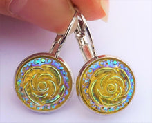 Load image into Gallery viewer, Yellow 3D AB Lustre Flower Earrings on Lever Back Hooks