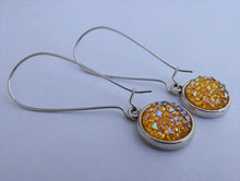 Load image into Gallery viewer, Yellow & Blue Silver Lustre Handmade Dome Earrings on Long Kidney Hooks