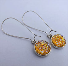Load image into Gallery viewer, Yellow & Blue Silver Lustre Handmade Dome Earrings on Long Kidney Hooks