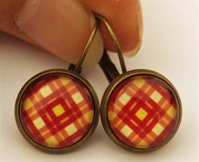 Load image into Gallery viewer, Yellow & Orange Checkered Pattern Dome Earrings on Lever Back Hooks