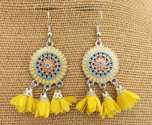 Load image into Gallery viewer, Silver Tone Chandelier Earrings with Flower Posy Tassel Drops (multiple colour options)