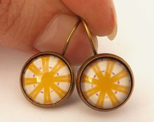 Load image into Gallery viewer, Yellow & White Kaleidescope Pattern - Dome Earrings on Lever back hooks