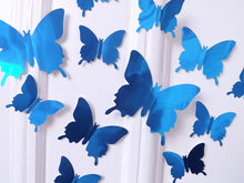 Load image into Gallery viewer, 12x Reflective Blue Metallic Mirror Effect Silver 3D Butterfly Wall Decals