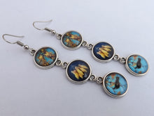 Load image into Gallery viewer, Tui with Kowhai Flowers, Blue Sky Triple Dome Drop Earrings