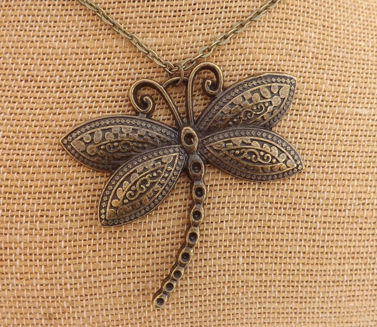 Large Bronze Tone Dragonfly Pendant Necklace