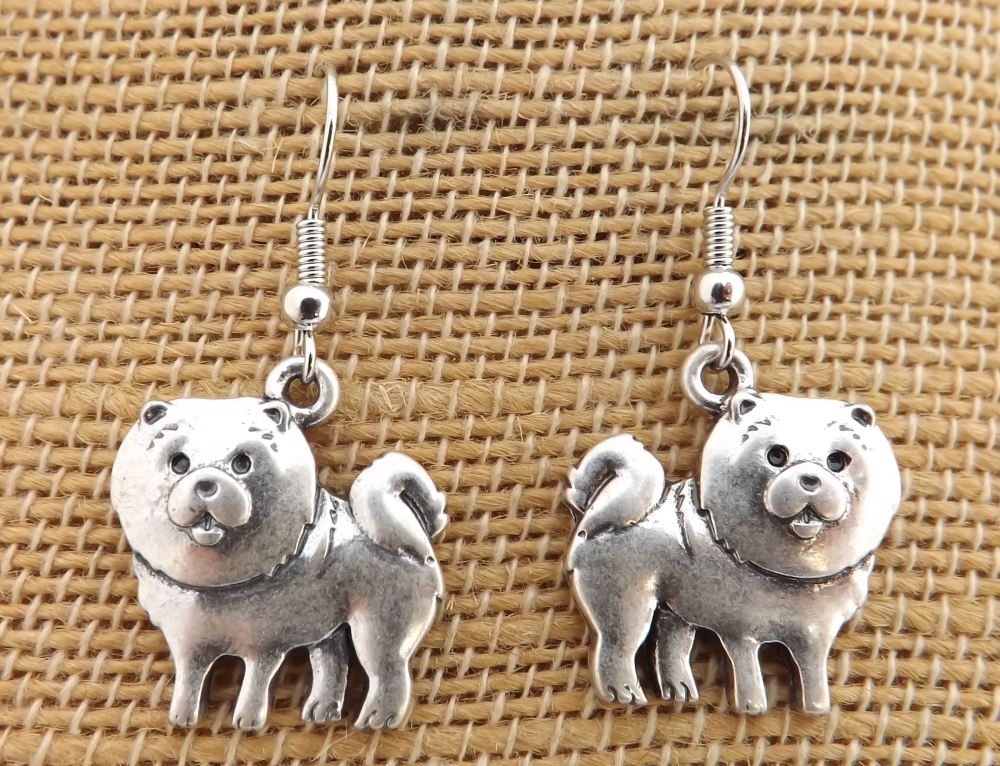 Chow Chow Silver Tone Dog Earrings