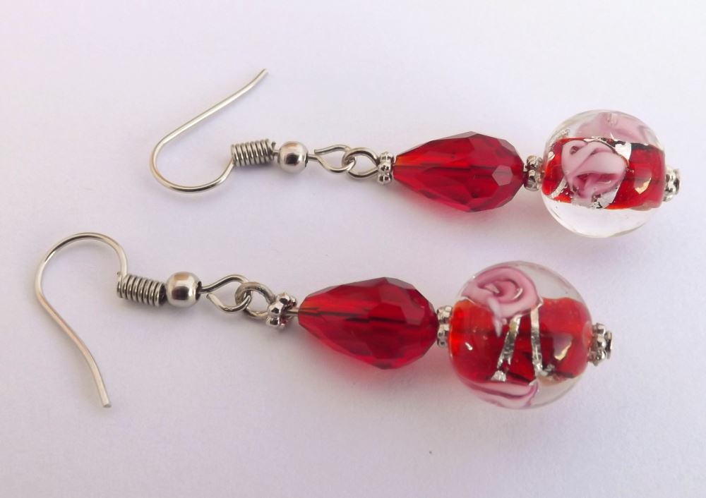 Red Foil & Faceted Bead Earrings