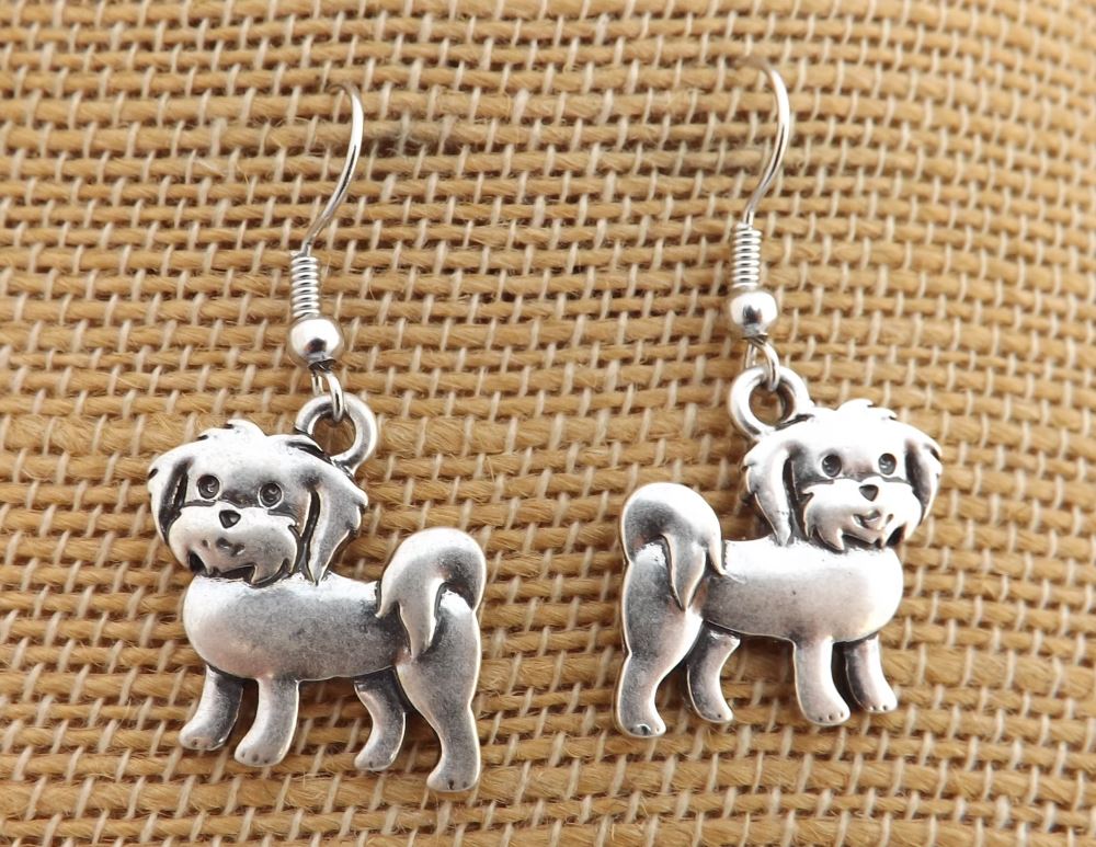 Maltese Silver Tone Dog Drop Earrings