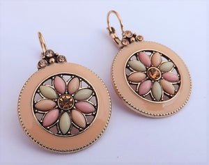 Pink, Green & Rose Gold Tone Flower Circle Drop Earrings on Lever Back Hooks