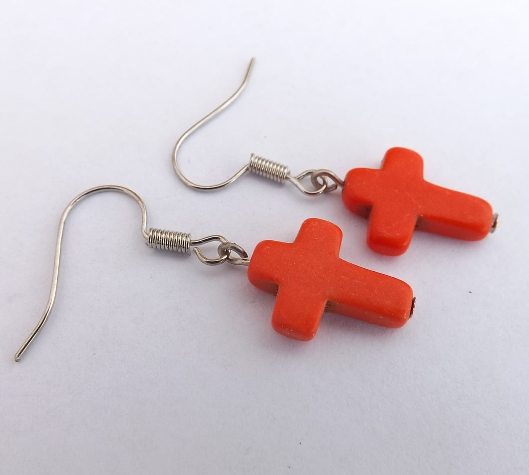 Handmade Orange Howlite Cross Earrings