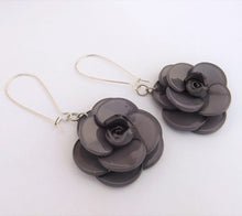 Load image into Gallery viewer, Warm Grey 3D Acrylic Flower Earrings on Long Kidney Hooks

