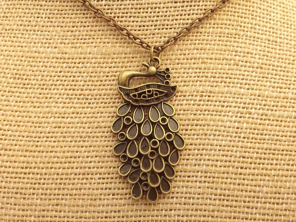 Bronze Tone Peacock Pendant Necklace