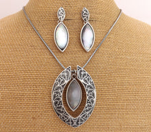 Load image into Gallery viewer, Mother of Pearl &amp; Silver Tone Pendant Necklace &amp; Earrings Set
