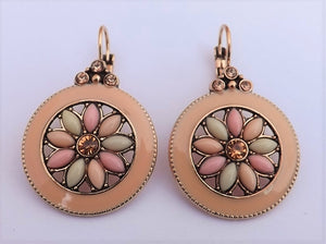 Pink, Green & Rose Gold Tone Flower Circle Drop Earrings on Lever Back Hooks