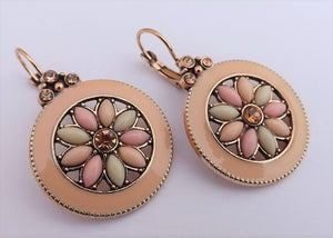 Pink, Green & Rose Gold Tone Flower Circle Drop Earrings on Lever Back Hooks