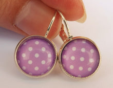 Load image into Gallery viewer, Lilac Purple &amp; White Polka Dots - Dome Earrings on Lever back hooks
