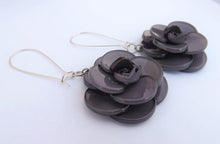 Load image into Gallery viewer, Warm Grey 3D Acrylic Flower Earrings on Long Kidney Hooks
