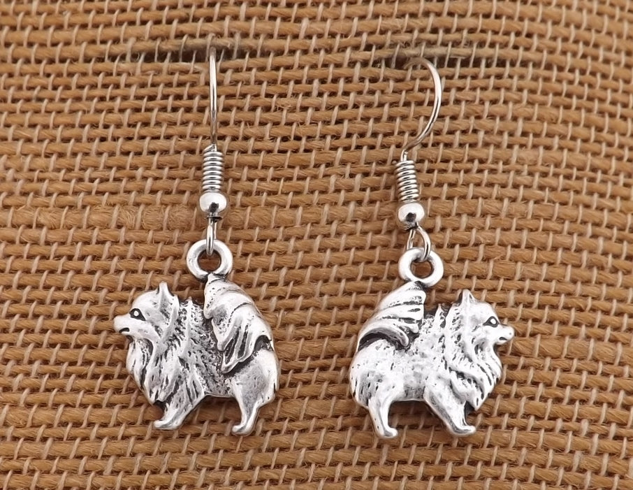 Silver Tone Pomeranian Dog Drop Earrings