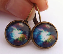 Load image into Gallery viewer, Blue &amp; Purple Galaxy Scene Handmade Dome Earrings, Lever Back Hooks
