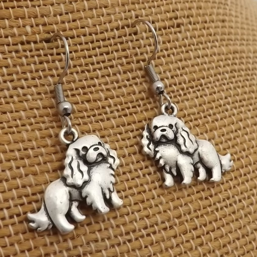 Cavalier King Charles Silver Tone Dog Drop Earrings