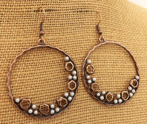 Copper Tone & Faux Pearl Circle Earrings