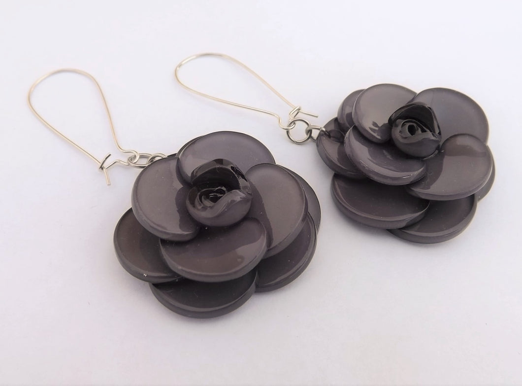 Warm Grey 3D Acrylic Flower Earrings on Long Kidney Hooks