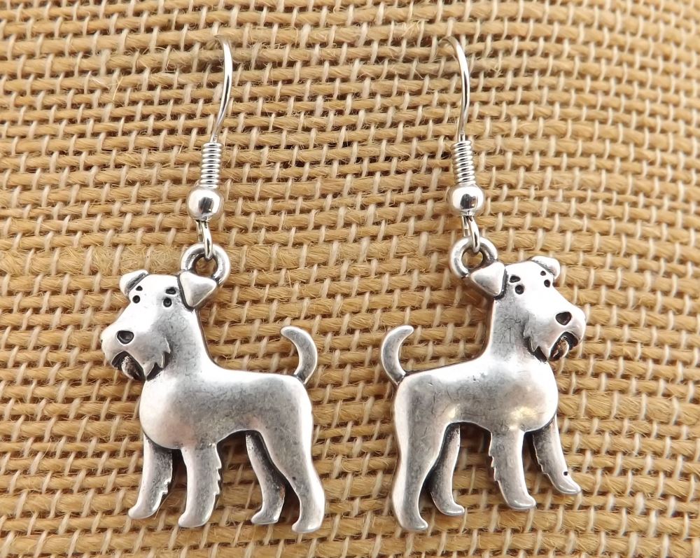 Airedale Terrier Dog Silver Tone Drop Earrings