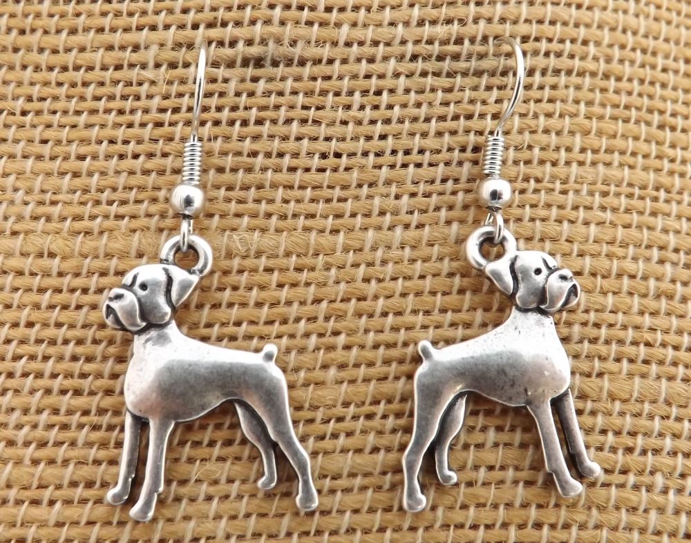 Boxer Dog Silver Tone Drop Earrings