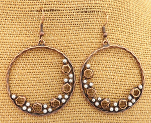 Copper Tone & Faux Pearl Circle Earrings