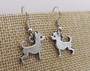 Chihuahua Silver Tone Dog Drop Earrings