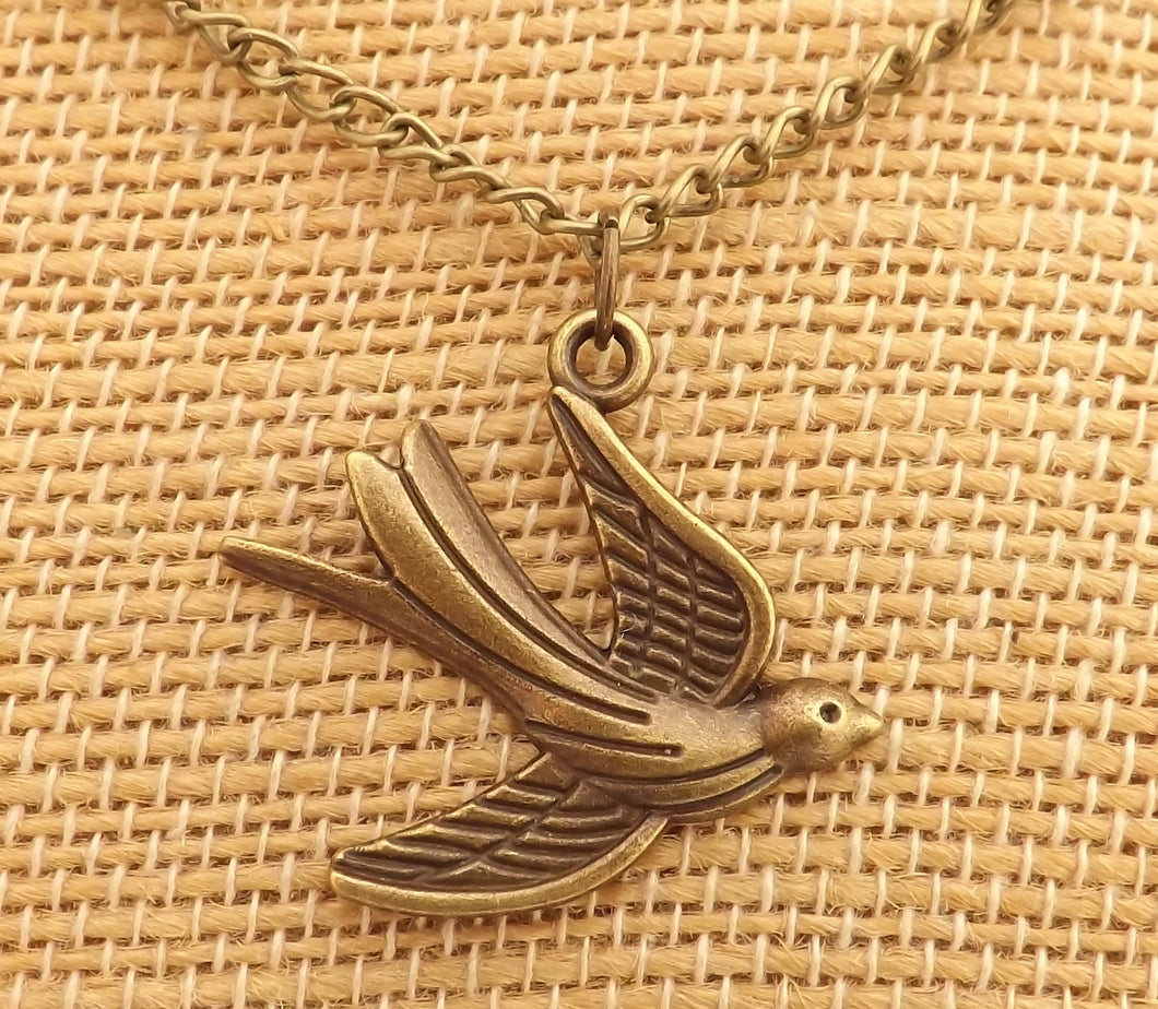 Flying Bird Bronze Tone Pendant Necklace