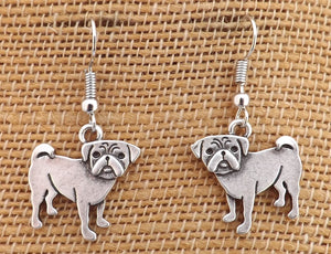 Pug Silver Tone Dog Drop Earrings