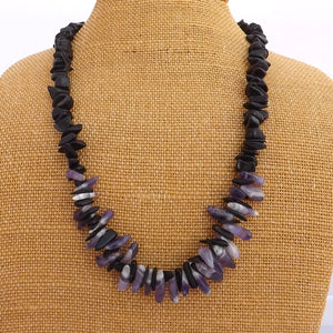 Amethyst & Onyx Gem Chip Handmade Bead Necklace